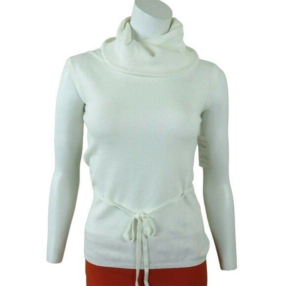 New Turtleneck Sweater Top L White Knit Tie Belt Sleeveless V.A.S. Clothing Co. - Picture 1 of 12